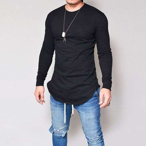2018 Men/'s Longline Curved hem shirt Top Hip Hop Swag Long Sleeves Tee Shirts
