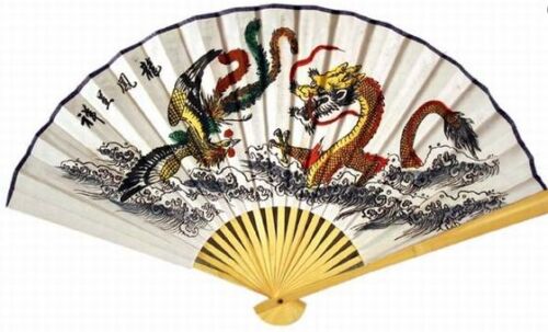Elephant Designs 35" with Tiger Dragon Chinese Wall Hanging Folding Fan 20" 