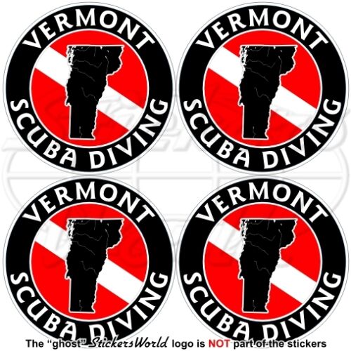 VERMONT SCUBA DIVING Flag-Map Shape USA Circular Vinyl Stickers Decals 50mm x4