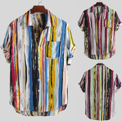 Men Multicolor Striped Lump Chest Pocket Short Sleeve Loose T-Shirt Blouse Tops