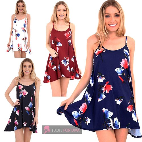 NEW WOMENS FLORAL PRINT SLEEVELESS STRAPPY CAMI CAMISOLE FLARED DRESS TOP