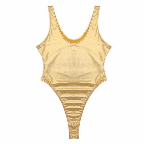 Women/'s Wet Look Faux Leather High Cut Thong Leotard Bodysuit Swimsuit Swimwear