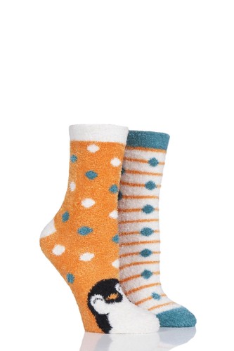 Ladies 2 Pair SockShop Wild Feet Penguin Fluffy Cosy Socks