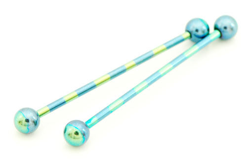 2 Pc Green Blue Stripe Titanium Industrial Barbell Cartilage Piercing 14g 1.5" 