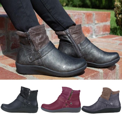 ❤️ Womens PU Leather Zip Ankle Boots Ladies Casual Round Toe Slip On Boots Shoes