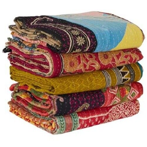 5 PC Vintage Handmade Kantha Quilt Throw Reversible Blanket Bedspread Blanket