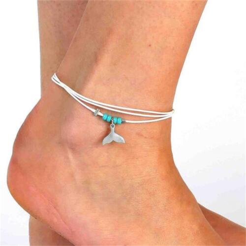 Women Boho Style Pendant Turquoise Mermaid Tail Multi-layer Beaded Ankle Chain