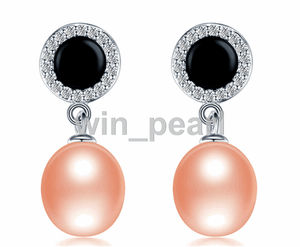 Real 8-9mm Natural pink Pearl 925 Sterling Silver Women Drop Zircon Earrings