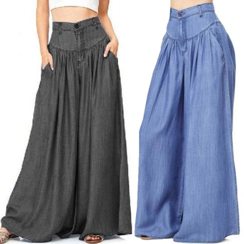 Women Ladies Cotton Plain Flared Wide Leg Pants leggings BaggyTrousers Plus Size