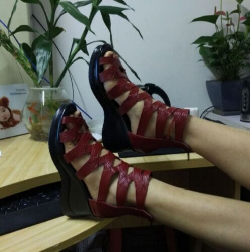Roman Womens Open Toe Hollow Out High Heels Wedge Zipper High Top Sandals Shoes 