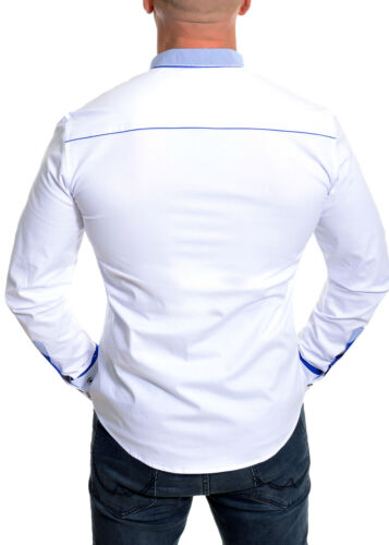 Men's Casual format Shirt Grandad Bande Col Coton Blanc Bleu Royal Coupe Slim 