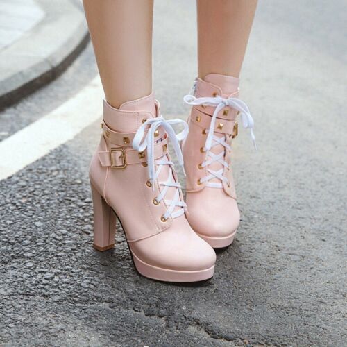 Details about   Women Metal Belt Buckle Ankle Boots Thick Round-toe Zip Punk Casual Boots 