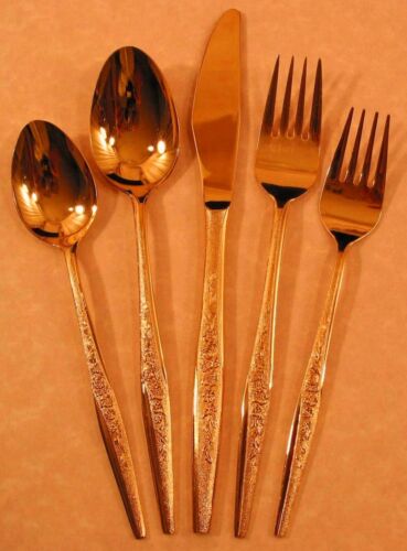 Discon Gold Electroplate Stainless Carlyle Silver Golden Bouquet Pattern 
