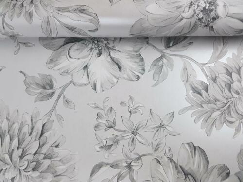 Argent Floral Papier Peint Gris Blanc Fleurs Perlé métallisé Crown Lucia