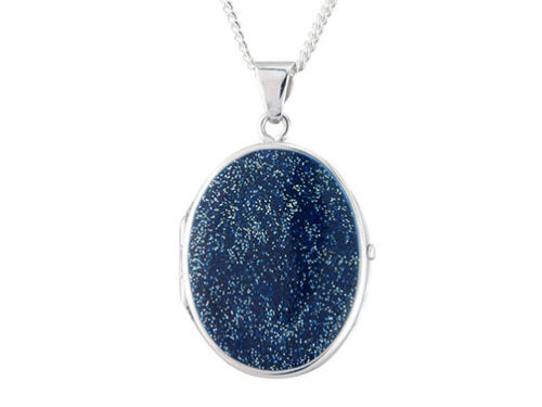 Sterling Silver Oval Blue enamel Locket Pendant and Chain Gift Boxed Necklace 
