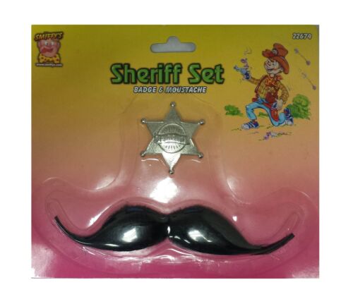 Childrens Western Sheriff Cowboy Badge /& Moustache Kids Fancy Dress Set