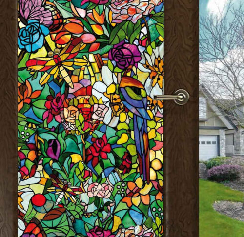 Flower Blossom Chapel Window Film Sticker Cling Stained Glass Decor UV Block DIY 