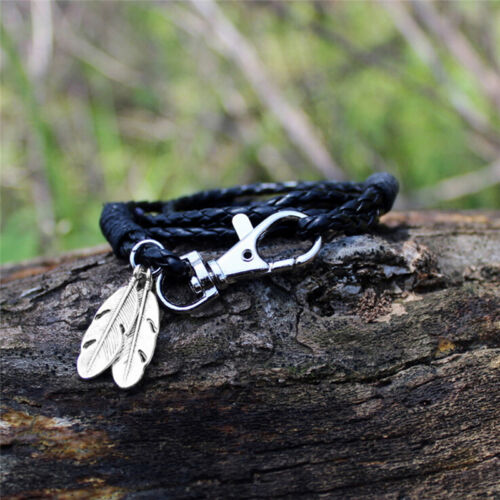 Chic New Bangles Men Jewelry Accessories PU Leather Feather Charm Bracelets YAN