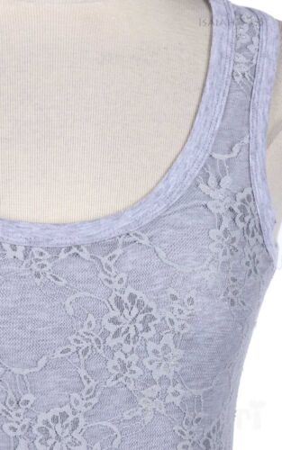 Women Front Floral Lace Overlay Sleeveless Tank Top Racerback Cotton Spandex 
