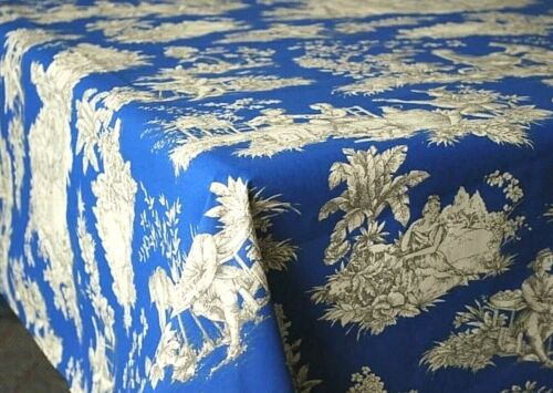 60" x 84" NEW VILLANDRY BLUE FRENCH COATED COTTON TOILE TABLECLOTH LE CLUNY 