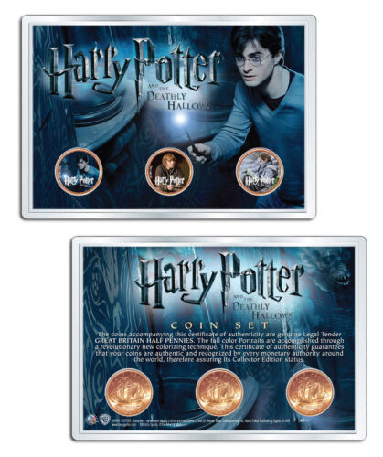 Harry Potter DEATHLY HALLOWS Great Britain Half Pennies 3-Coin Set w/4x6 Display 