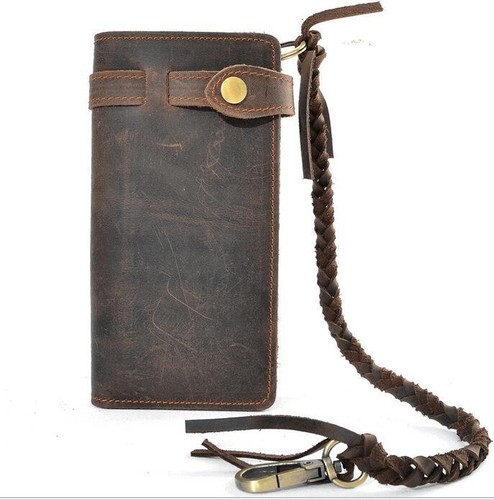 2016 Men/'s Retro Genuine cow Leather Long Wallet Bifold Purse With Chain Bag
