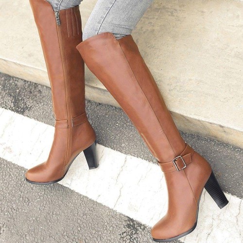 Women/'s Buckle Zip High Heel Riding Knee Leather High Knigh Boots Long Shoes