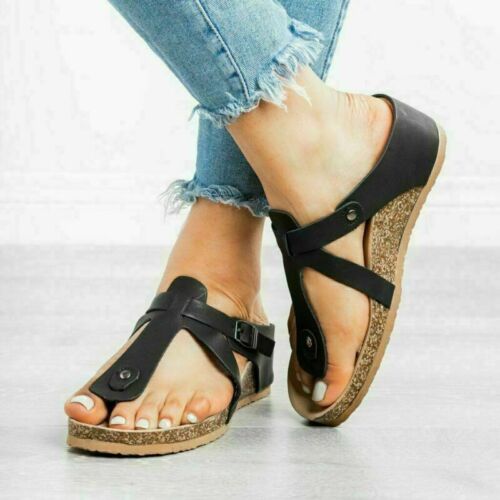 Details about   Ladies Womens Low Wedge Heels Sandals T-bar Shoes Comfy Toe Post Flip Flops Size 