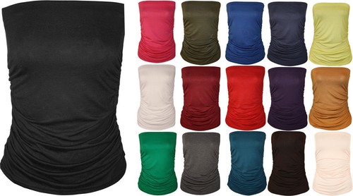 Ladies New Plain Strapless Sleeveless Ruched Boob Tube Womens Bandeau Top 8-22