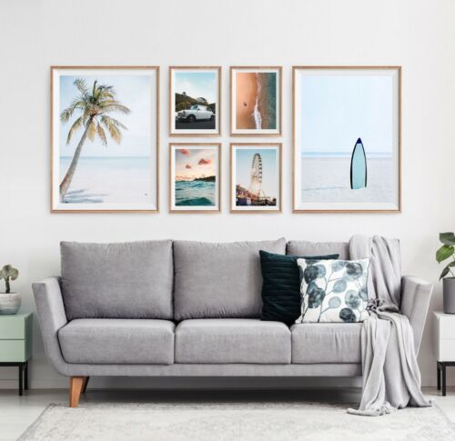Set of 6 Coastal Beach Palm Tree Surfing Relax View Matching Wall Art Print. 