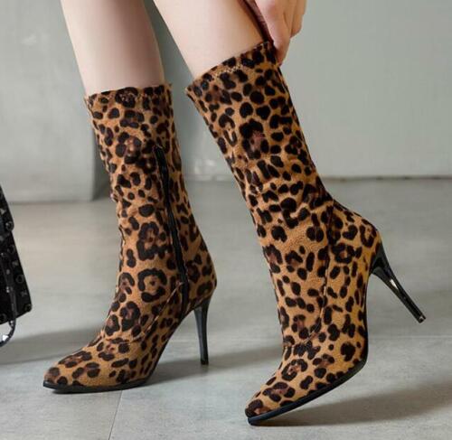 Ladies Stiletto Heel Pointed Toes Mid-calf Boots Side Zipper Leopard Black New