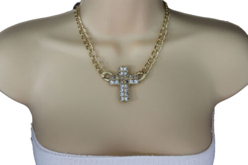 Women Short Necklace Gold Metal Chains Big Cross Pendant Fashion Jewelry Earring