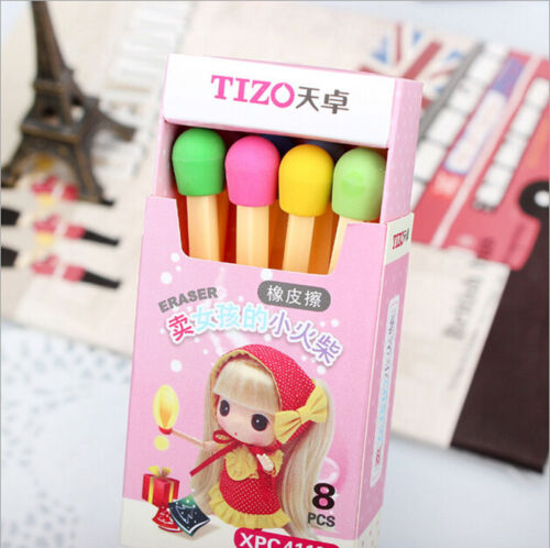 Kawaii Korean Stationery Stationary Match 8pcs Set Rubber Pencil Eraser Erase $T