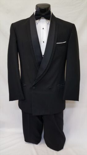 41 R Mens Black Double Breasted Tuxedo Cheap Formal Tux Wool Coat Bow Tie Set 