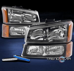 FOR 2003-2006 CHEVY SILVERADO REPLACEMENT BLACK HEADLIGHT LAMP BLUE DRL LED KIT