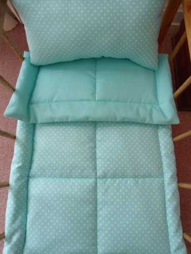 Mint Green with White Dots Doll Bedding Set 2 Piece Blanket /& Pillow Handmade