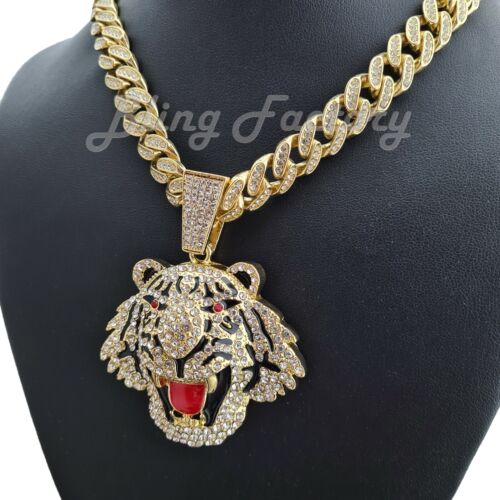 Details about  &nbsp;Gold PT Large Tiger Pendant & 12mm 16&#034; ~ 30&#034; Iced Box Lock Cuban Chain Necklace