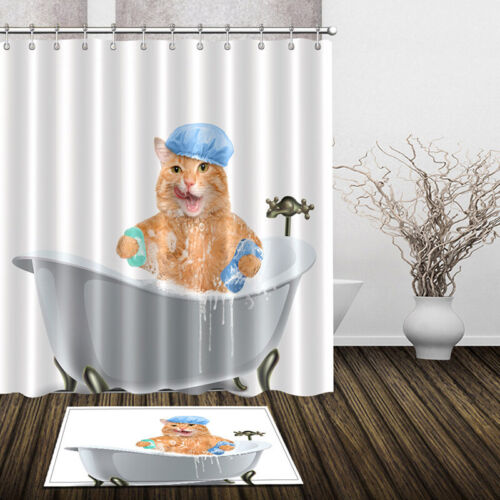 Cat Animal Waterproof Bathroom Shower Curtain Panel Decor with Hooks 180*180cm