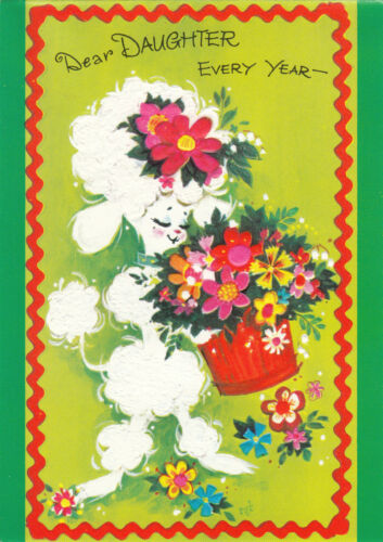 Happy Birthday Daughter Vintage 1970s Greeting Card Cute Poodle Puppy Floral Dog 