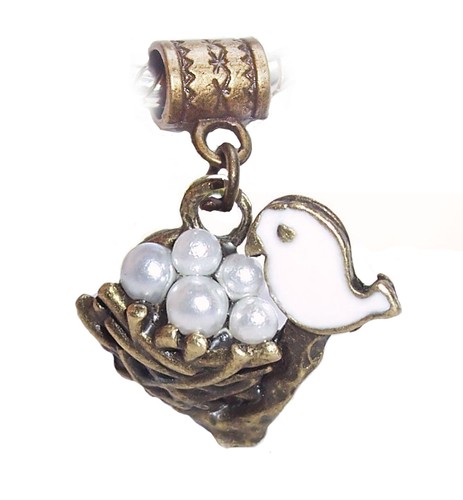 Bird Nest Pearl Eggs Bronze White Brown Dangle Charm for European Bead Bracelets