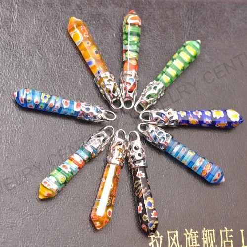 2pcs Millefiori Verre Hexagonal Pointu Reiki Chakra Pendentif Collier Boucle d/'oreille