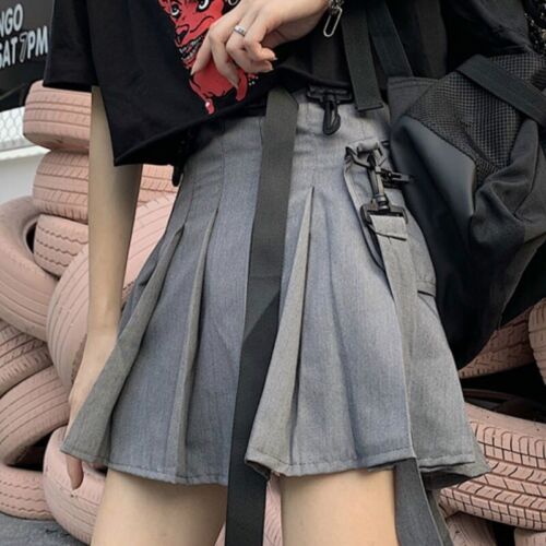 Women Buckle Cargo A-line skirt Gothic Punk Pocket Pleated Mini Skirt