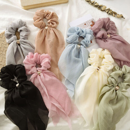 Double Layer Bow Chiffon Long Ribbon Hair Scrunchies Scarf Rubber Hairband Ties 