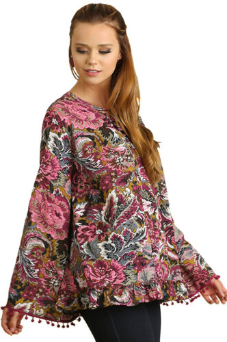 UMGEE Womens Floral Pleated Flowy Boho Long Bell Sleeve Chic Top Blouse S M L