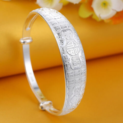 New Fine Pure S999 Silver Bangle Woman's Perfect Bless FU 13mmW Lucky Bangle 26g 