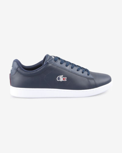 Lacoste Mens Carnaby EVO Trainers Navy White Leather Textile Shoes All Sizes 