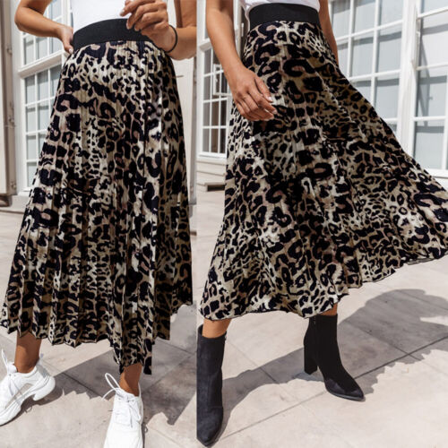 Womens Leopard Print High Waist Skirt Ladies Casual Elasticated Pleated Dress