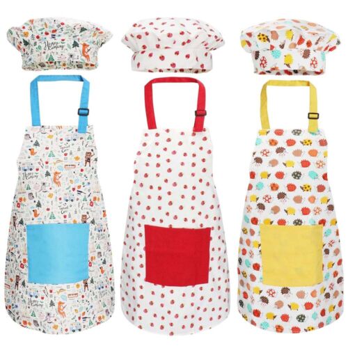 Kids Apron and Chef Hat Set Children Girls Boys Cooking Baking Painting Aprons 