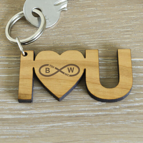 Personalised Wooden Key Ring I ❤ U  Add Initials /& Date Valentine Lovers Gift