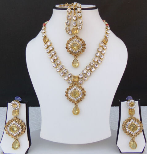 Ethnic Golden Kundan Necklace Earrings Indian Bollywood Jewelry Bridal Tikka Set 